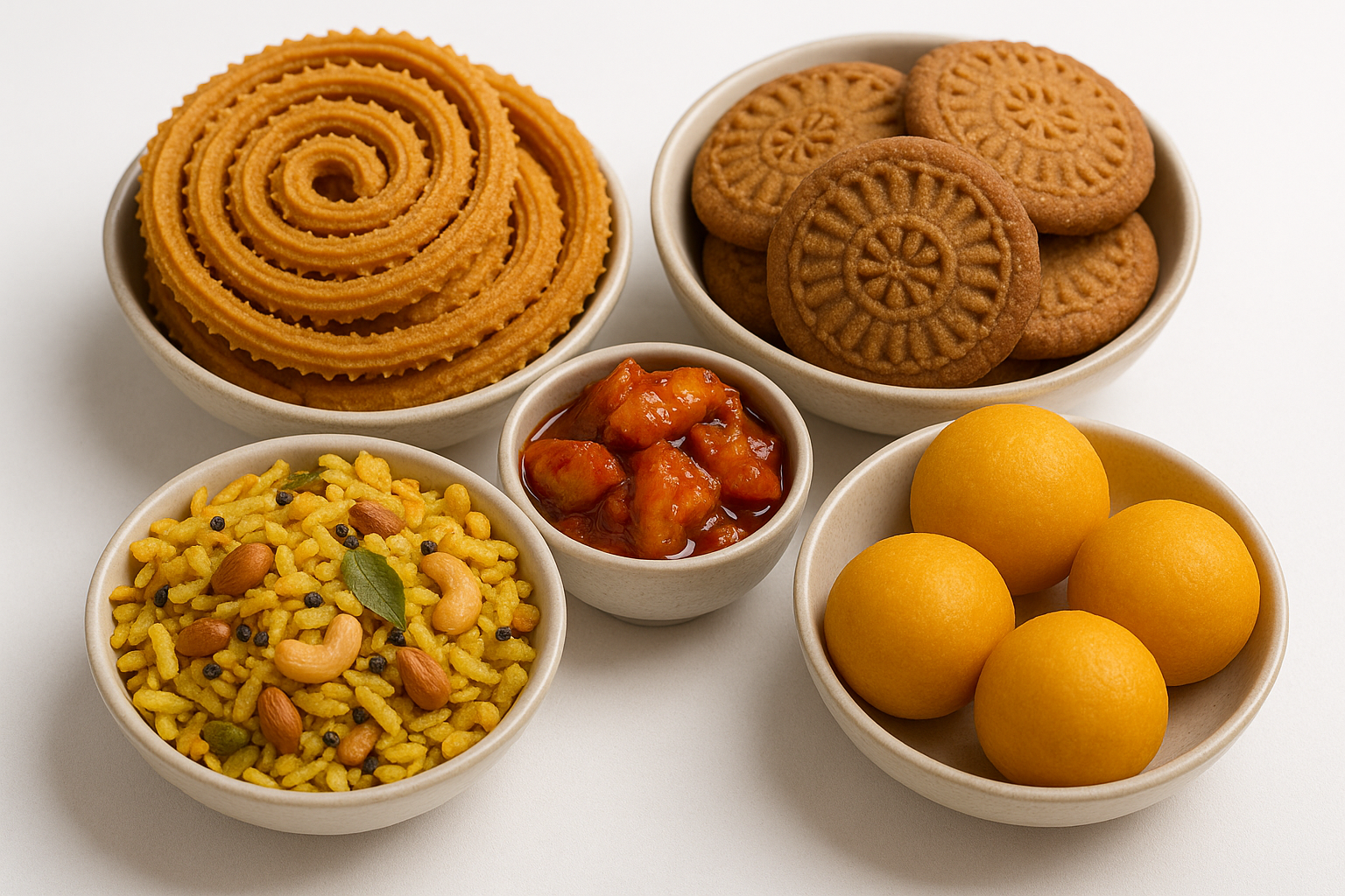 Aesthetic Indian snacks collection: chakli, cookies, pickles, chiwda, laddoos, each with one color theme, realistic textures